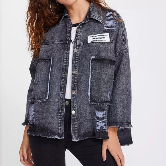 FBYDLL Jackets & Blazers - FBYDLL Drop Shoulder Ripped Denim Distresses  Jacket Retro Y2k